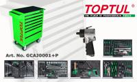 Carucior scule - echipat Tool trolley/box with equipment, number of tools: 227 pcs, number of all drawers: 7, insert tray type: A2; B3; plastic, colour: green, series: GENERAL SERIES, 857/1015/687/459 mm